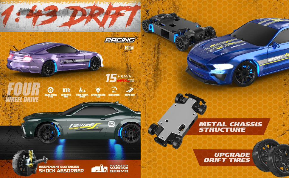 1/43 Scale 4WD RC Drift Car – Full Proportional Control, 2.4GHz, LED Lights, High-Performance Racing Vehicle for Adults & Hobbyists –
